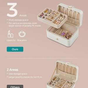 SONGMICS Jewelry Box, Travel Jewelry Case, 2-Layer Jewelry Holder Organizer, 4.6 x 6.3 x 3 Inches, Portable, Versatile Earring Storage, for Larger Accessories, Gift Idea, Cloud White - 4