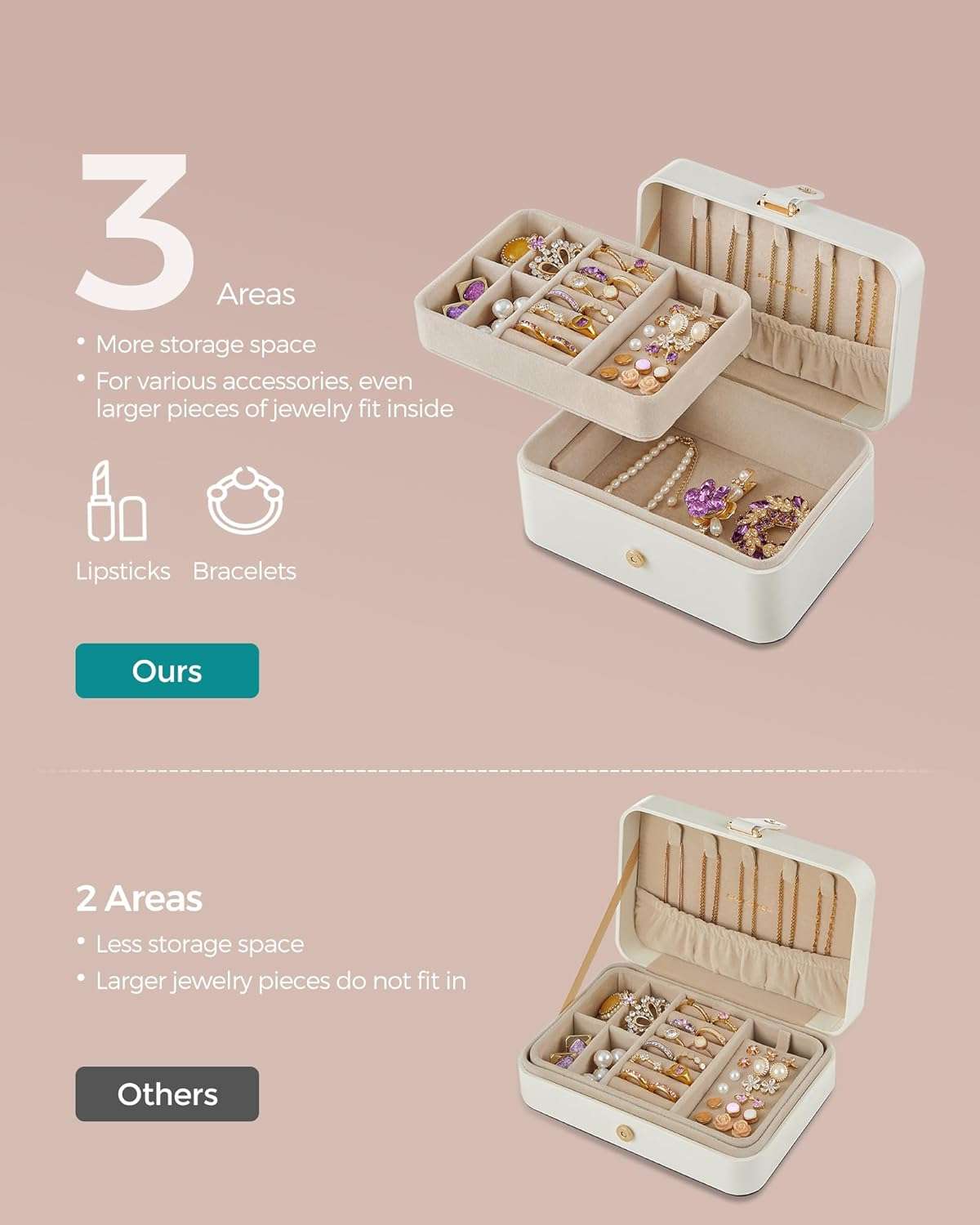 SONGMICS Jewelry Box, Travel Jewelry Case, 2-Layer Jewelry Holder Organizer, 4.6 x 6.3 x 3 Inches, Portable, Versatile Earring Storage, for Larger Accessories, Gift Idea, Cloud White - 4