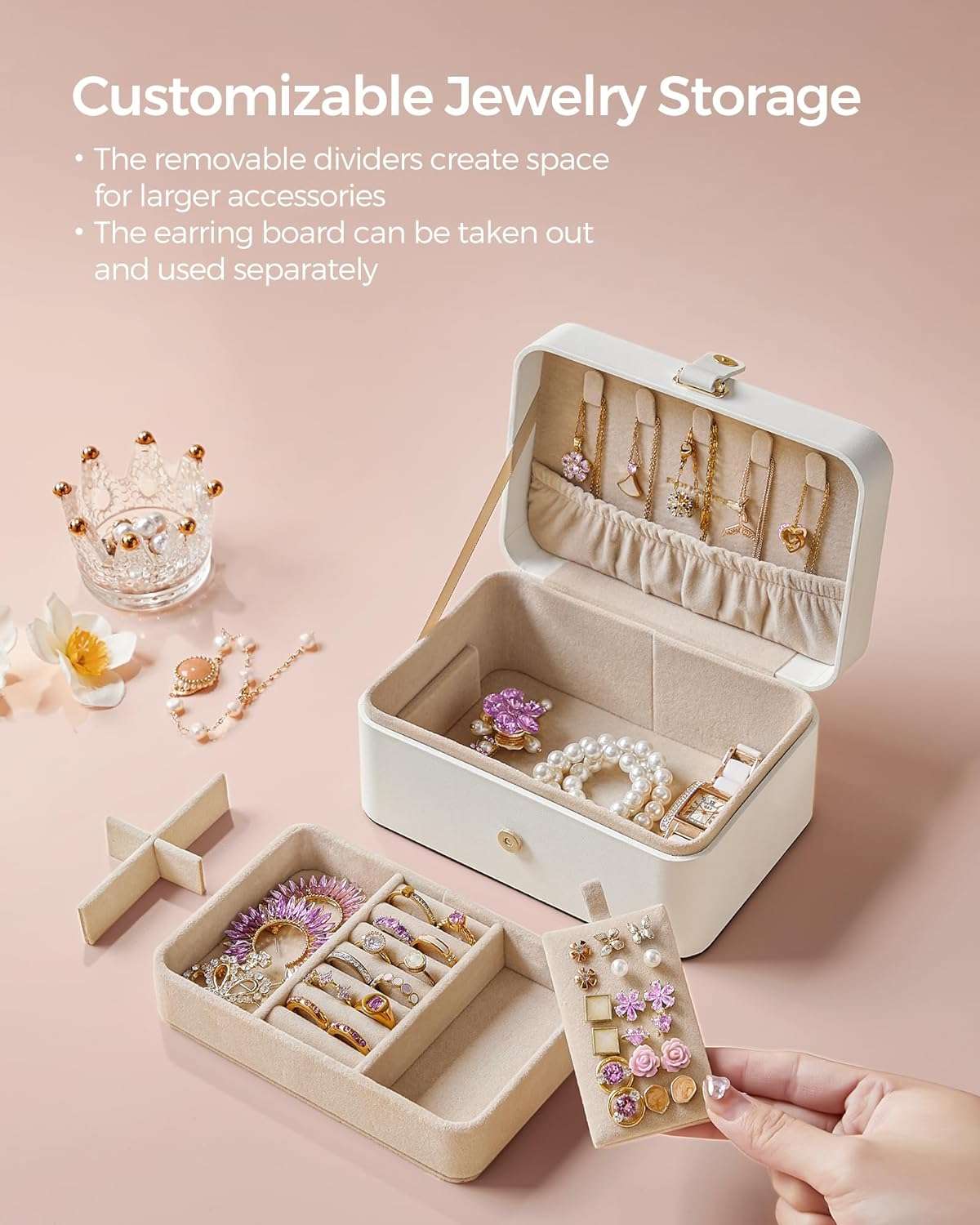 SONGMICS Jewelry Box, Travel Jewelry Case, 2-Layer Jewelry Holder Organizer, 4.6 x 6.3 x 3 Inches, Portable, Versatile Earring Storage, for Larger Accessories, Gift Idea, Cloud White - 5