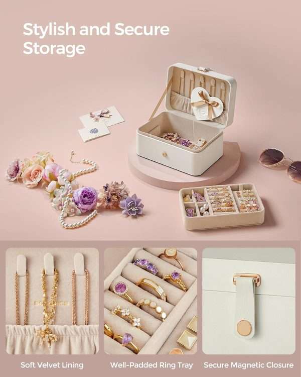 SONGMICS Jewelry Box, Travel Jewelry Case, 2-Layer Jewelry Holder Organizer, 4.6 x 6.3 x 3 Inches, Portable, Versatile Earring Storage, for Larger Accessories, Gift Idea, Cloud White - 6