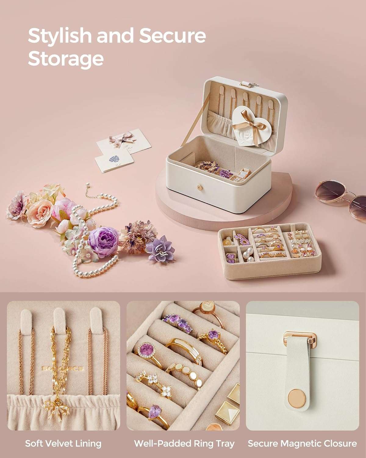 SONGMICS Jewelry Box, Travel Jewelry Case, 2-Layer Jewelry Holder Organizer, 4.6 x 6.3 x 3 Inches, Portable, Versatile Earring Storage, for Larger Accessories, Gift Idea, Cloud White - 6