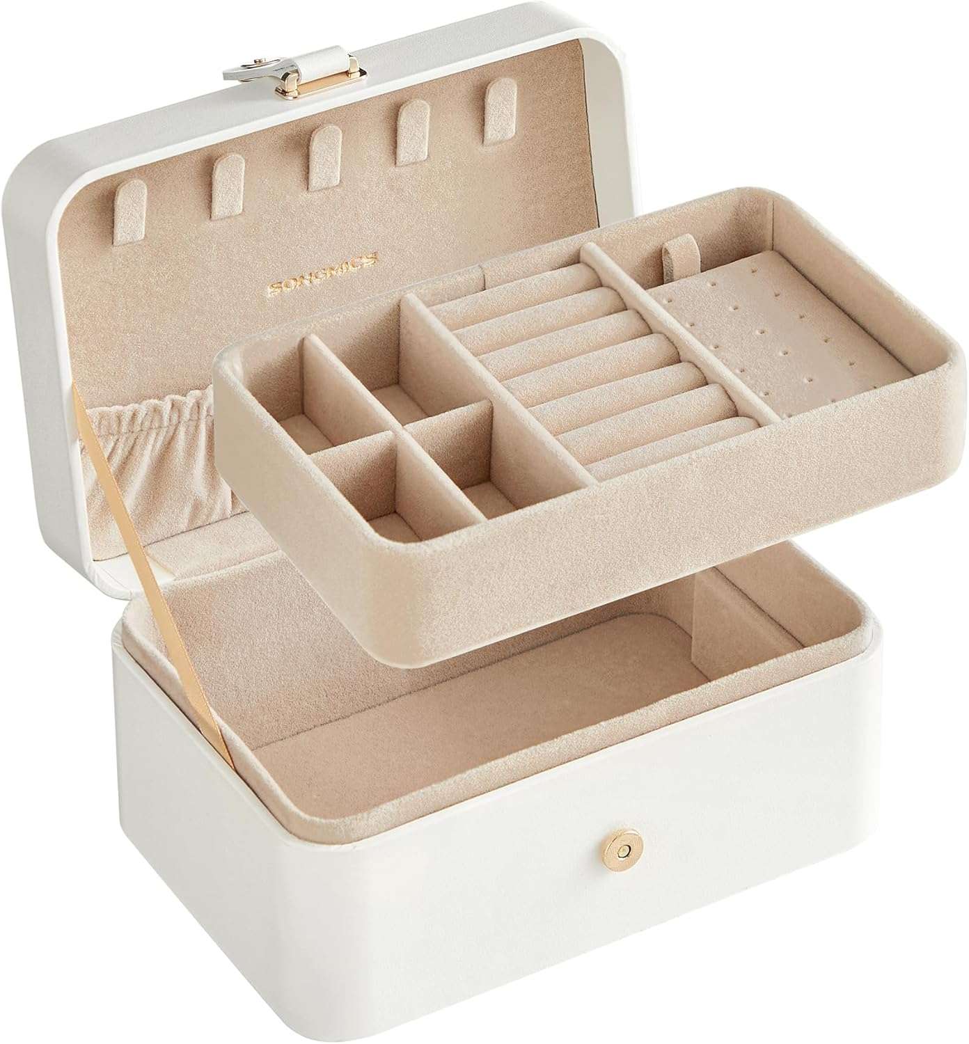 SONGMICS Jewelry Box, Travel Jewelry Case, 2-Layer Jewelry Holder Organizer, 4.6 x 6.3 x 3 Inches, Portable, Versatile Earring Storage, for Larger Accessories, Gift Idea, Cloud White - 9