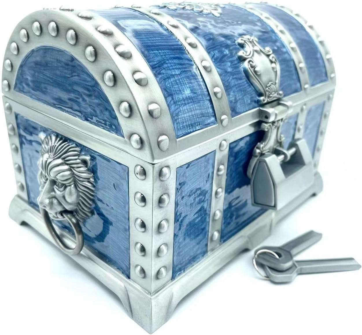 Vintage Metal Jewelry Chest Treasure Trinket Box, Gem Storage Tray Ring Earrings Necklace Keepsake Gift Holder Case Bag for Girls Ladies Women (Large Tin Blue Empty) - 1