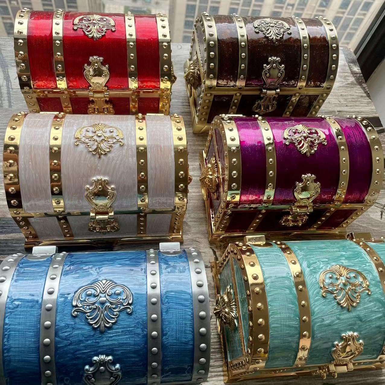 Vintage Metal Jewelry Chest Treasure Trinket Box, Gem Storage Tray Ring Earrings Necklace Keepsake Gift Holder Case Bag for Girls Ladies Women (Large Tin Blue Empty) - 6