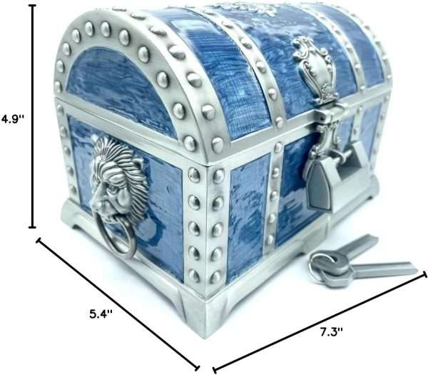 Vintage Metal Jewelry Chest Treasure Trinket Box, Gem Storage Tray Ring Earrings Necklace Keepsake Gift Holder Case Bag for Girls Ladies Women (Large Tin Blue Empty) - 7