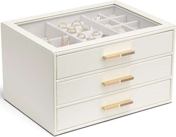Vlando Jewelry Box for Women, Glass Lid Jewelry Organizer with 3 Drawers for Necklaces Rings Earrings Bracelets - White - 1