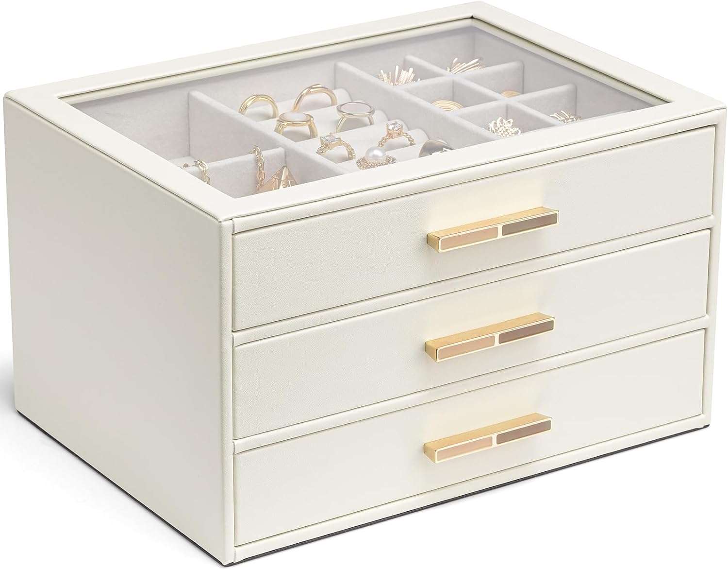 Vlando Jewelry Box for Women, Glass Lid Jewelry Organizer with 3 Drawers for Necklaces Rings Earrings Bracelets - White - 1