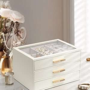 Vlando Jewelry Box for Women, Glass Lid Jewelry Organizer with 3 Drawers for Necklaces Rings Earrings Bracelets - White - 2