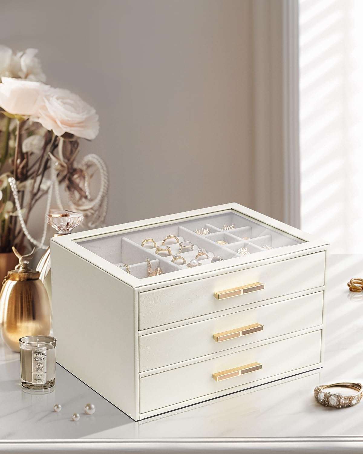 Vlando Jewelry Box for Women, Glass Lid Jewelry Organizer with 3 Drawers for Necklaces Rings Earrings Bracelets - White - 2