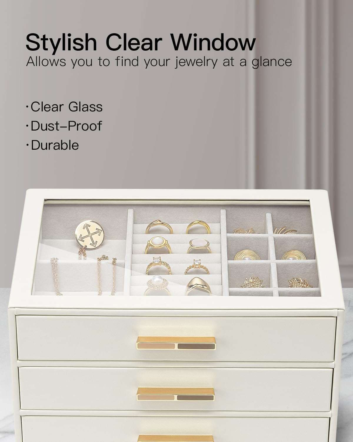Vlando Jewelry Box for Women, Glass Lid Jewelry Organizer with 3 Drawers for Necklaces Rings Earrings Bracelets - White - 4