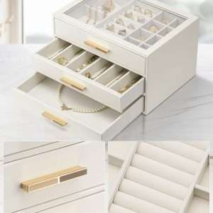 Vlando Jewelry Box for Women, Glass Lid Jewelry Organizer with 3 Drawers for Necklaces Rings Earrings Bracelets - White - 5