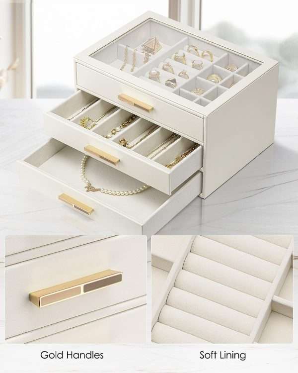Vlando Jewelry Box for Women, Glass Lid Jewelry Organizer with 3 Drawers for Necklaces Rings Earrings Bracelets - White - 5