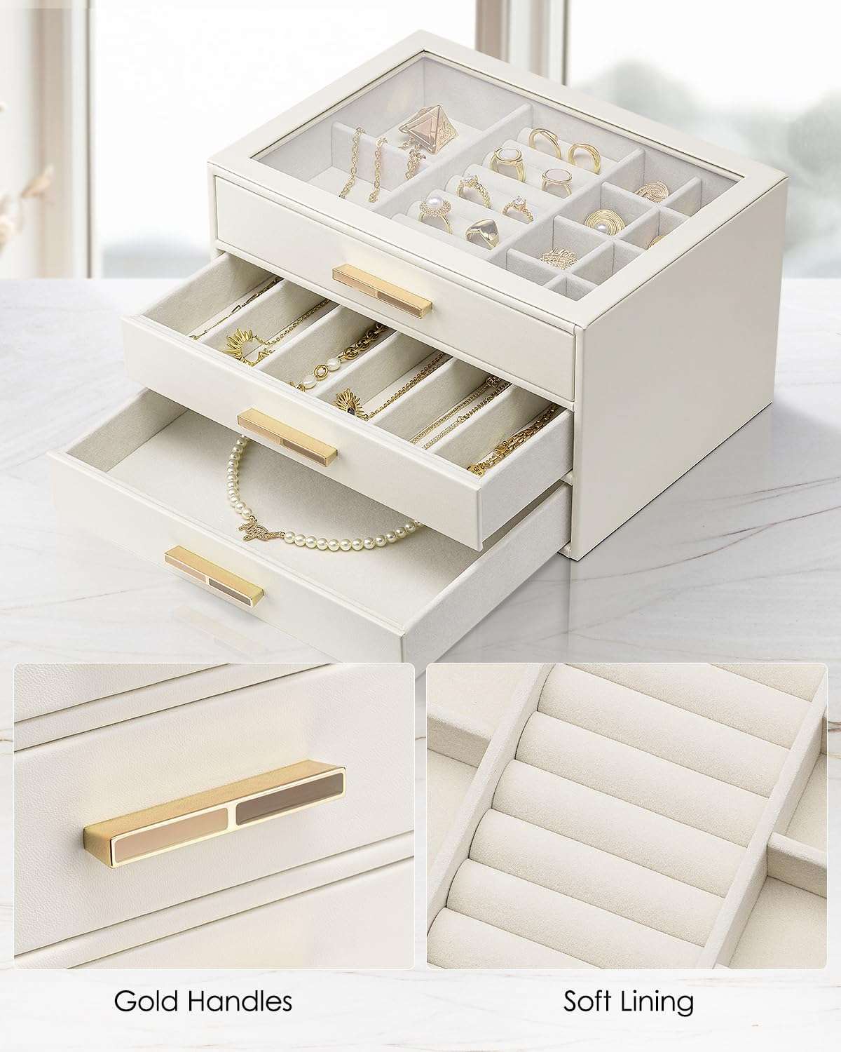 Vlando Jewelry Box for Women, Glass Lid Jewelry Organizer with 3 Drawers for Necklaces Rings Earrings Bracelets - White - 5