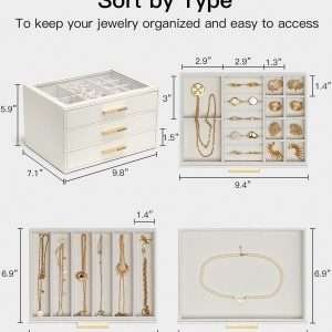 Vlando Jewelry Box for Women, Glass Lid Jewelry Organizer with 3 Drawers for Necklaces Rings Earrings Bracelets - White - 6