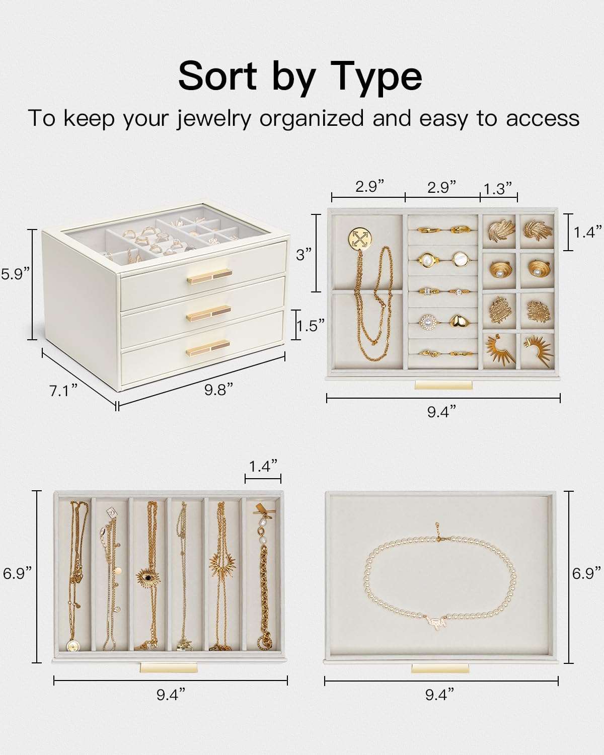 Vlando Jewelry Box for Women, Glass Lid Jewelry Organizer with 3 Drawers for Necklaces Rings Earrings Bracelets - White - 6