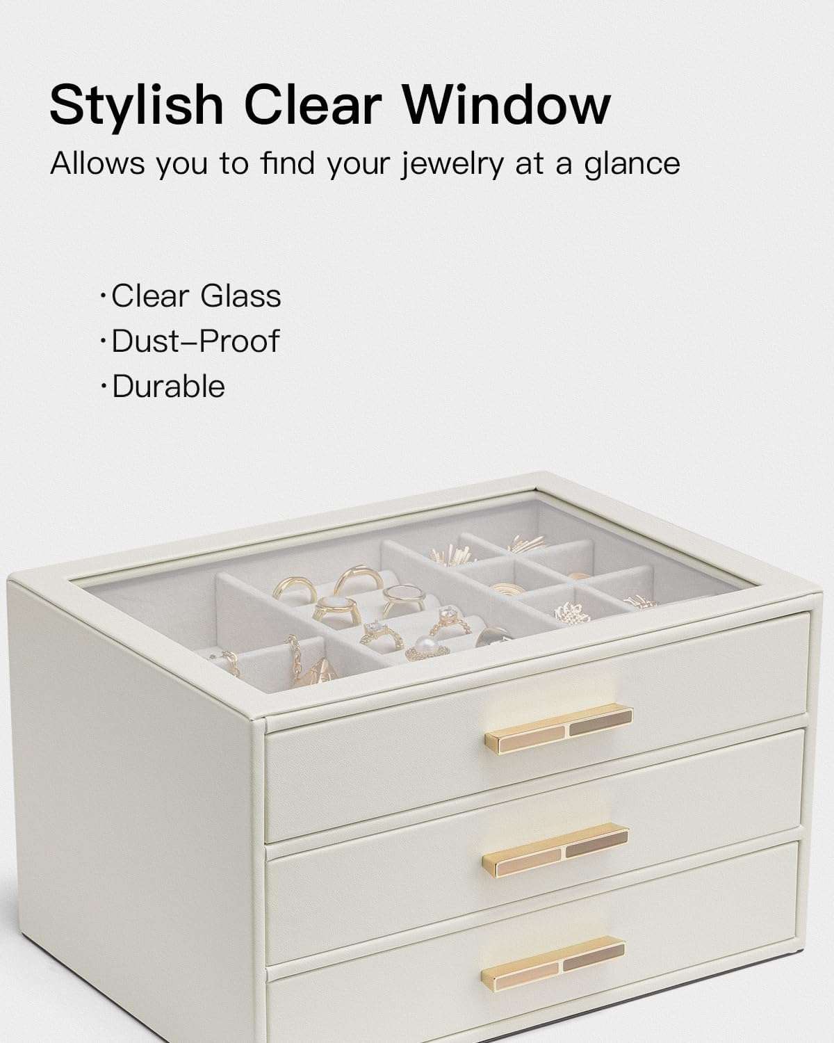 Vlando Jewelry Box for Women, Glass Lid Jewelry Organizer with 3 Drawers for Necklaces Rings Earrings Bracelets - White - 7