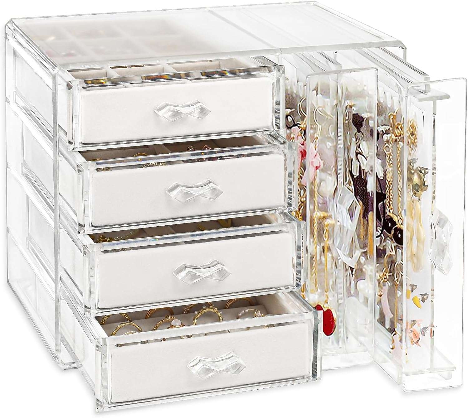 Acrylic Jewelry Organizer Box, Clear Earring Holder Jewelry Hanging Boxes with 4 Velvet Drawers for Earrings Ring Necklace Bracelet Display Case Gift for Women, Girls - 1