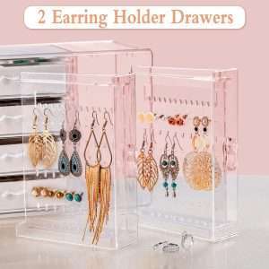 Acrylic Jewelry Organizer Box, Clear Earring Holder Jewelry Hanging Boxes with 4 Velvet Drawers for Earrings Ring Necklace Bracelet Display Case Gift for Women, Girls - 3
