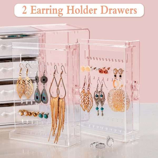 Acrylic Jewelry Organizer Box, Clear Earring Holder Jewelry Hanging Boxes with 4 Velvet Drawers for Earrings Ring Necklace Bracelet Display Case Gift for Women, Girls - 3