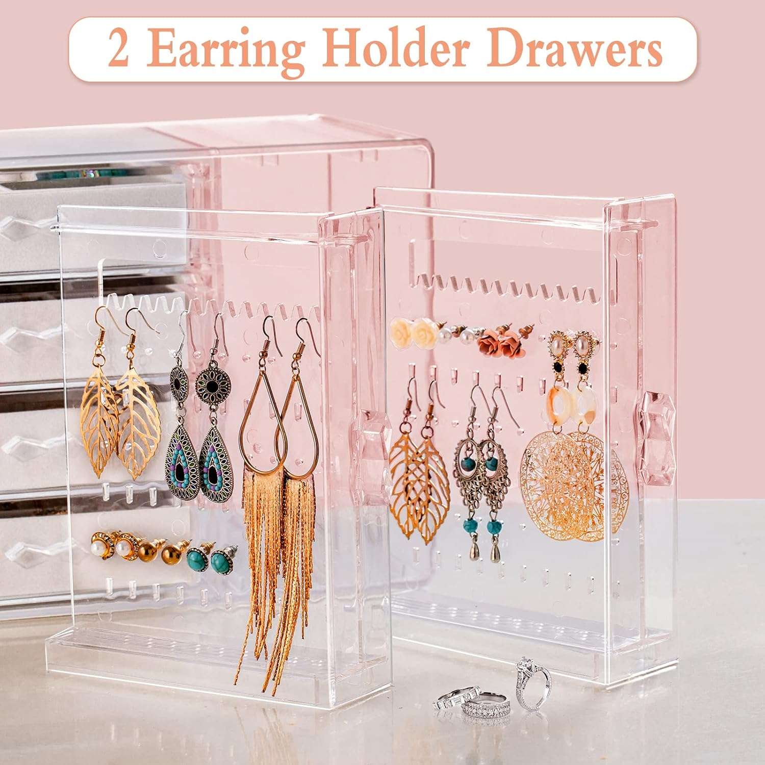 Acrylic Jewelry Organizer Box, Clear Earring Holder Jewelry Hanging Boxes with 4 Velvet Drawers for Earrings Ring Necklace Bracelet Display Case Gift for Women, Girls - 3