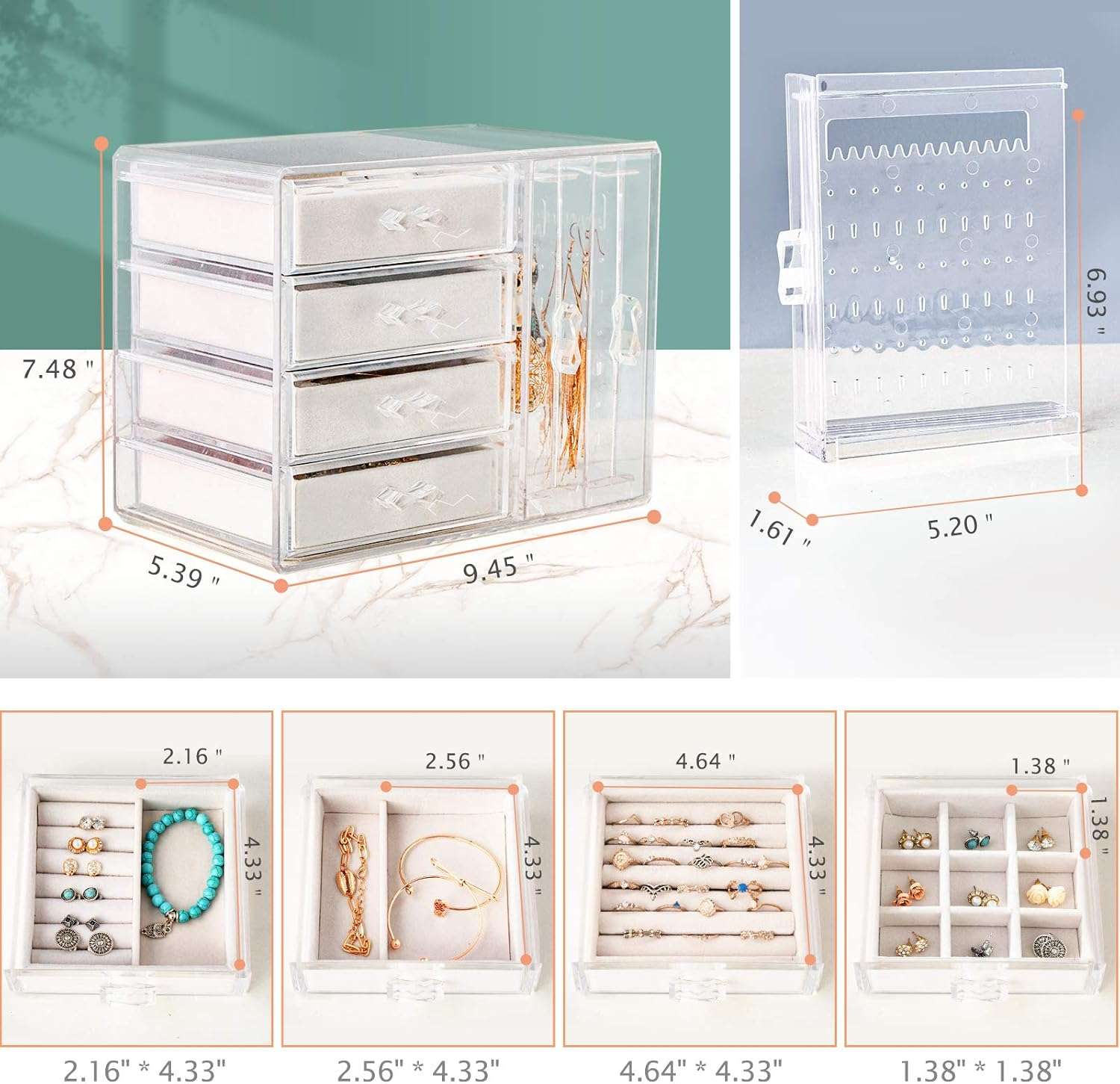 Acrylic Jewelry Organizer Box, Clear Earring Holder Jewelry Hanging Boxes with 4 Velvet Drawers for Earrings Ring Necklace Bracelet Display Case Gift for Women, Girls - 8