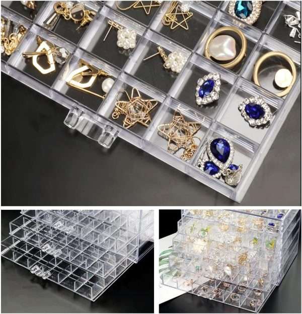 Earring Storage Box Acrylic Jewelry Storage Holder Ring Clear Plastic Transparent Jewelry Display Stand with 5 Drawers 120 Small Compartment Tray for Women Girls - 3