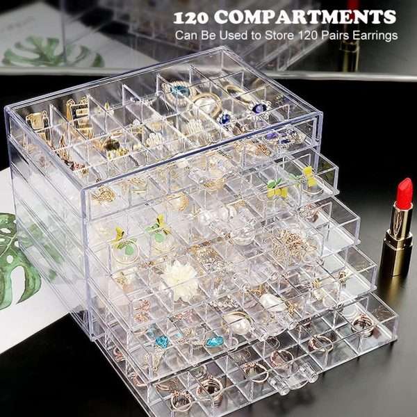 Earring Storage Box Acrylic Jewelry Storage Holder Ring Clear Plastic Transparent Jewelry Display Stand with 5 Drawers 120 Small Compartment Tray for Women Girls - 4