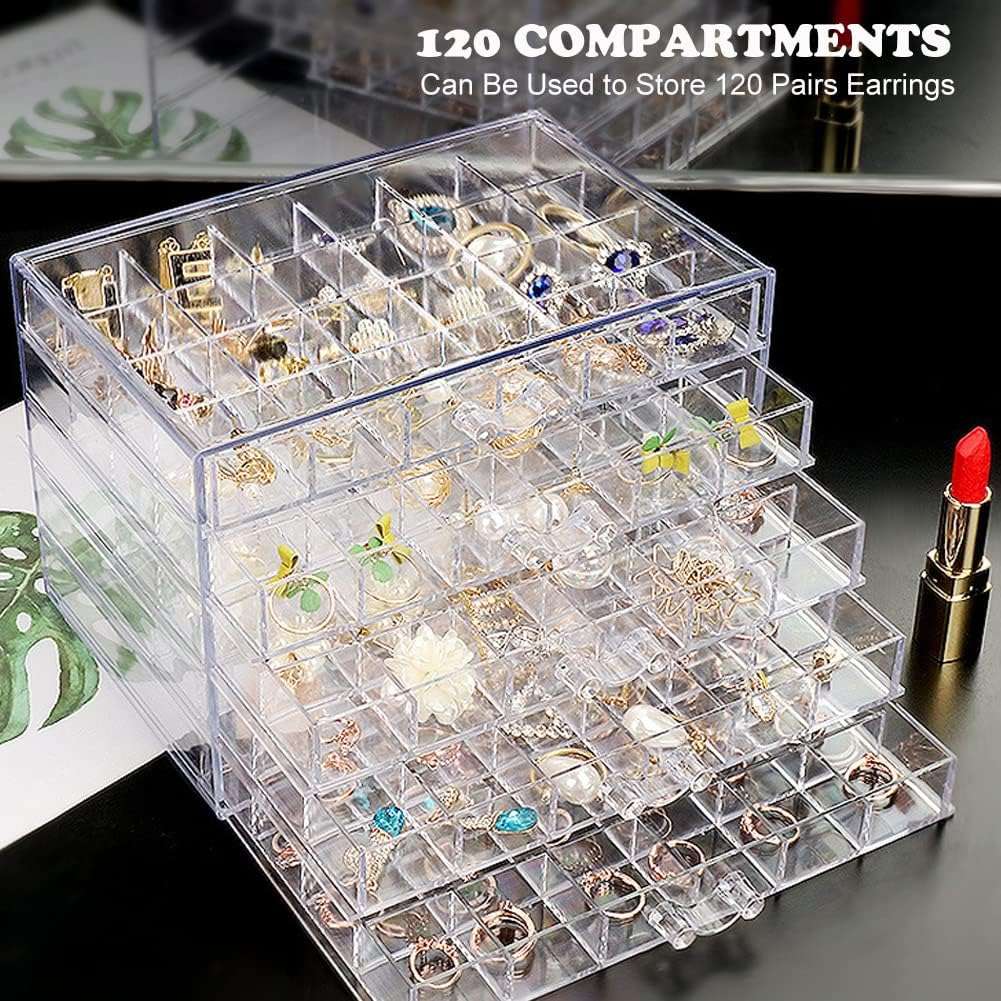 Earring Storage Box Acrylic Jewelry Storage Holder Ring Clear Plastic Transparent Jewelry Display Stand with 5 Drawers 120 Small Compartment Tray for Women Girls - 4