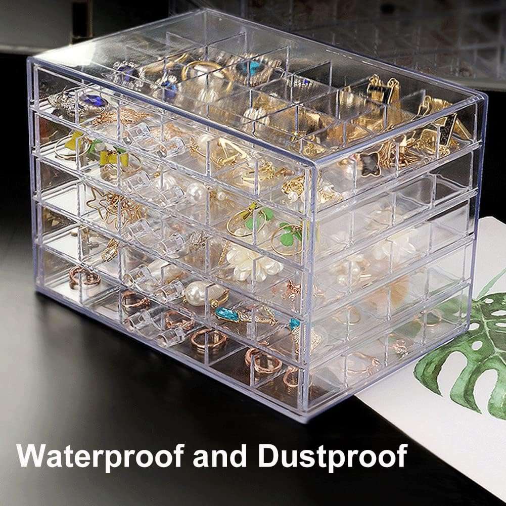 Earring Storage Box Acrylic Jewelry Storage Holder Ring Clear Plastic Transparent Jewelry Display Stand with 5 Drawers 120 Small Compartment Tray for Women Girls - 6