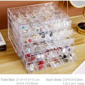 Earring Storage Box Acrylic Jewelry Storage Holder Ring Clear Plastic Transparent Jewelry Display Stand with 5 Drawers 120 Small Compartment Tray for Women Girls - 7