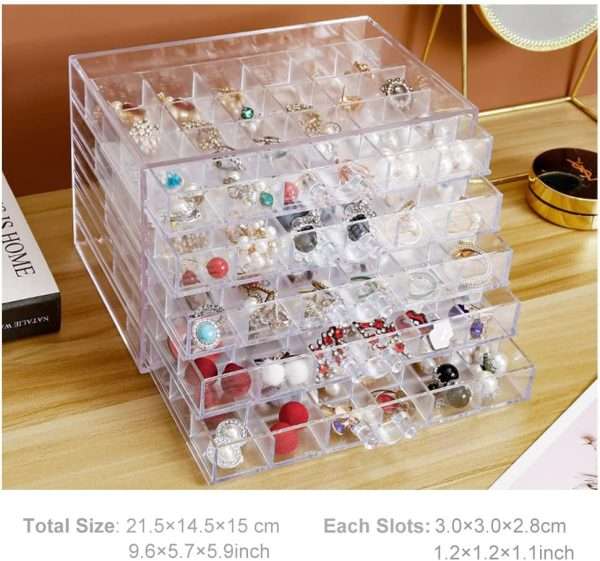 Earring Storage Box Acrylic Jewelry Storage Holder Ring Clear Plastic Transparent Jewelry Display Stand with 5 Drawers 120 Small Compartment Tray for Women Girls - 7