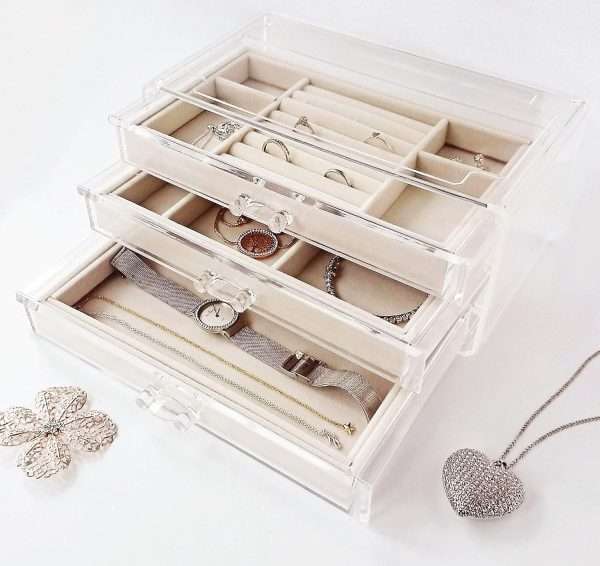 HerFav Acrylic Jewelry Organizer Box with 3 Drawers, Clear Jewelry Boxes for Women Earring Rings Bangle Bracelet and Necklace Holder Storage Velvet Jewelry Display Case - 3