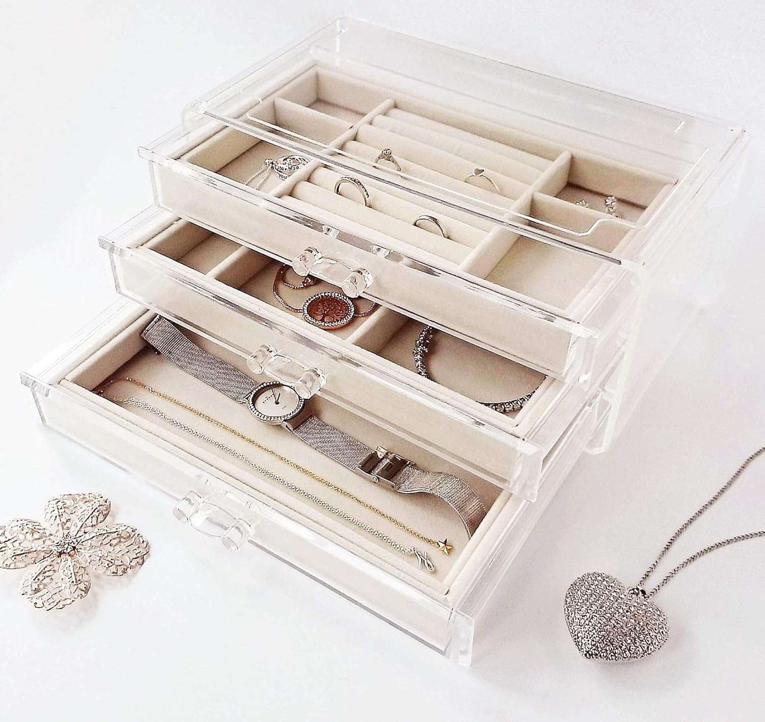 HerFav Acrylic Jewelry Organizer Box with 3 Drawers, Clear Jewelry Boxes for Women Earring Rings Bangle Bracelet and Necklace Holder Storage Velvet Jewelry Display Case - 3