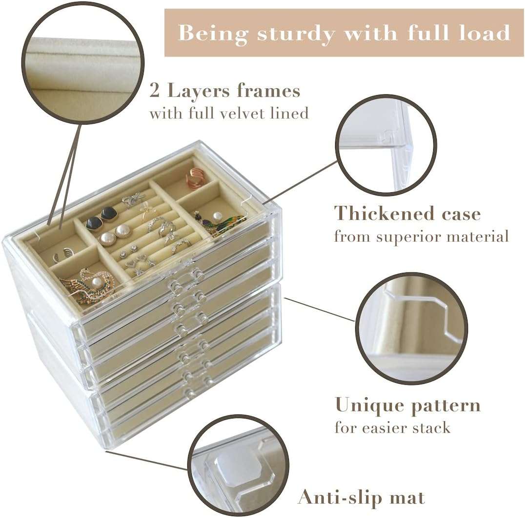 HerFav Acrylic Jewelry Organizer Box with 3 Drawers, Clear Jewelry Boxes for Women Earring Rings Bangle Bracelet and Necklace Holder Storage Velvet Jewelry Display Case - 5