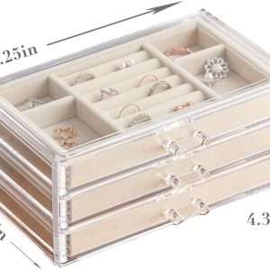 HerFav Acrylic Jewelry Organizer Box with 3 Drawers, Clear Jewelry Boxes for Women Earring Rings Bangle Bracelet and Necklace Holder Storage Velvet Jewelry Display Case - 6
