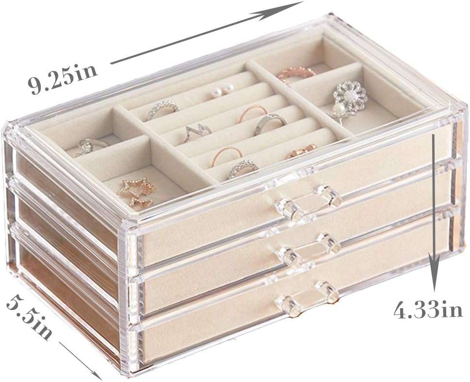 HerFav Acrylic Jewelry Organizer Box with 3 Drawers, Clear Jewelry Boxes for Women Earring Rings Bangle Bracelet and Necklace Holder Storage Velvet Jewelry Display Case - 6