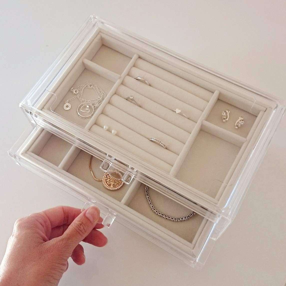 HerFav Acrylic Jewelry Organizer Box with 3 Drawers, Clear Jewelry Boxes for Women Earring Rings Bangle Bracelet and Necklace Holder Storage Velvet Jewelry Display Case - 7