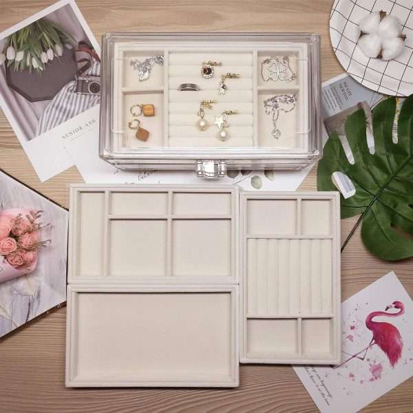 HerFav Acrylic Jewelry Organizer Box with 3 Drawers, Clear Jewelry Boxes for Women Earring Rings Bangle Bracelet and Necklace Holder Storage Velvet Jewelry Display Case - 8