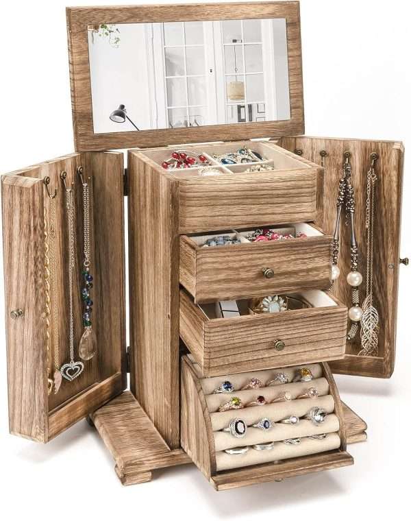 Emfogo Jewelry Box for Women, Rustic Wooden Jewelry Boxes & Organizers with Mirror, 4 Layer Jewelry Organizer Box Display for Rings Earrings Necklaces Bracelets - 1