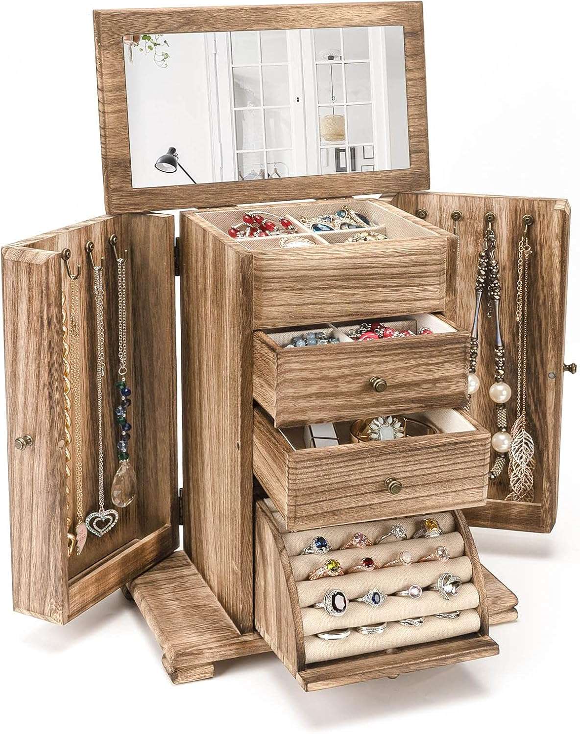Emfogo Jewelry Box for Women, Rustic Wooden Jewelry Boxes & Organizers with Mirror, 4 Layer Jewelry Organizer Box Display for Rings Earrings Necklaces Bracelets - 1