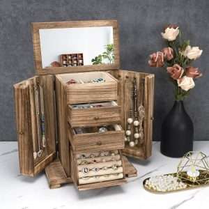 Emfogo Jewelry Box for Women, Rustic Wooden Jewelry Boxes & Organizers with Mirror, 4 Layer Jewelry Organizer Box Display for Rings Earrings Necklaces Bracelets - 2