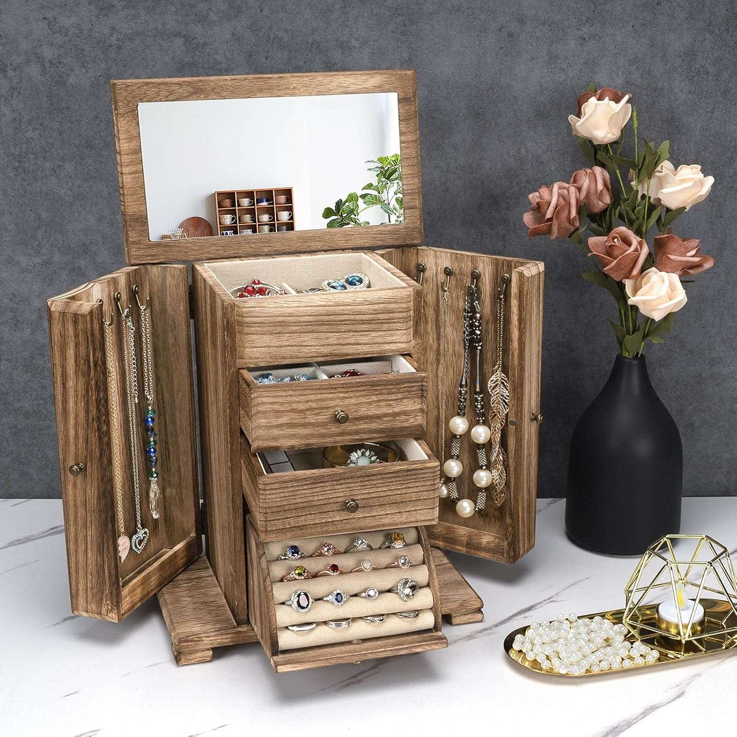Emfogo Jewelry Box for Women, Rustic Wooden Jewelry Boxes & Organizers with Mirror, 4 Layer Jewelry Organizer Box Display for Rings Earrings Necklaces Bracelets - 2