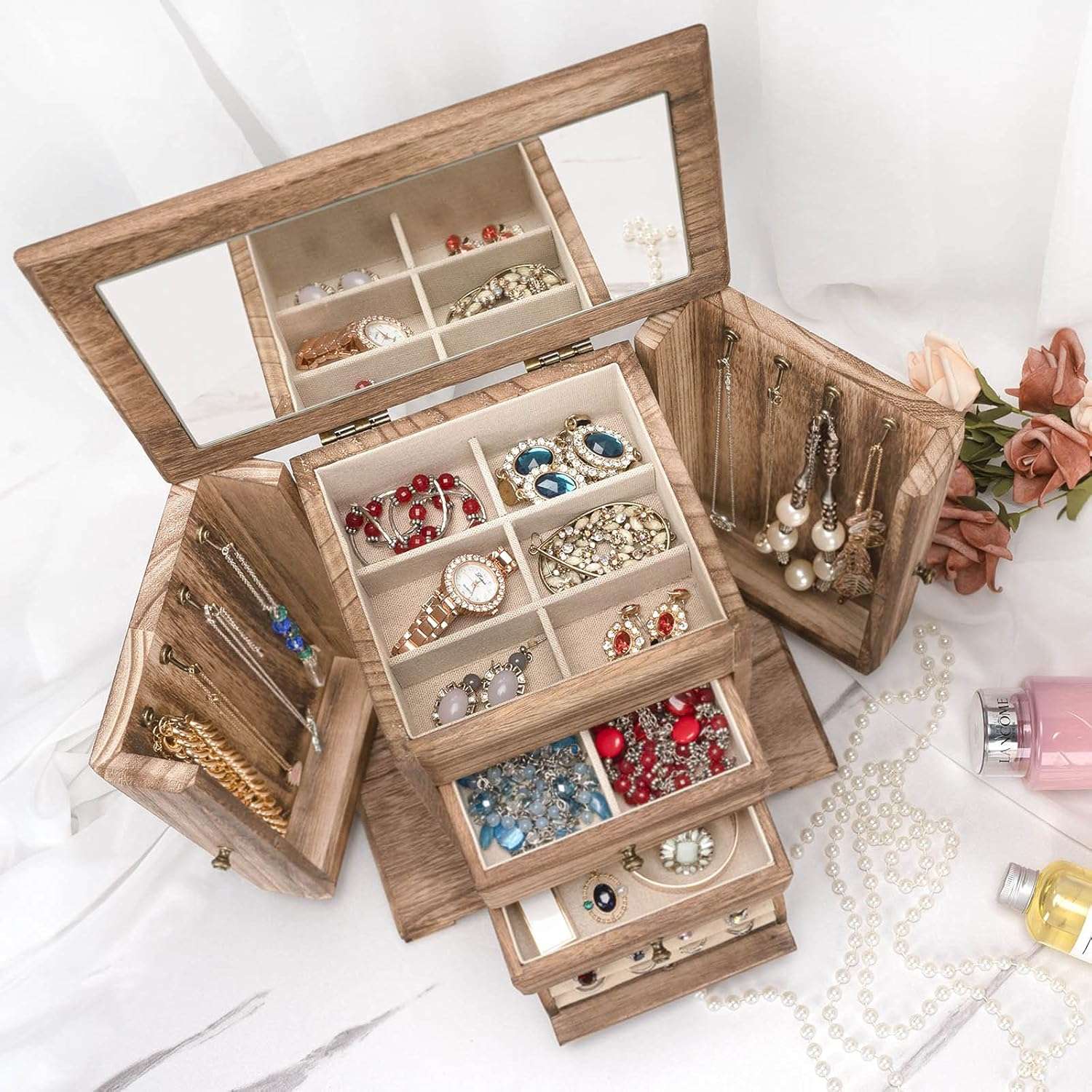 Emfogo Jewelry Box for Women, Rustic Wooden Jewelry Boxes & Organizers with Mirror, 4 Layer Jewelry Organizer Box Display for Rings Earrings Necklaces Bracelets - 3