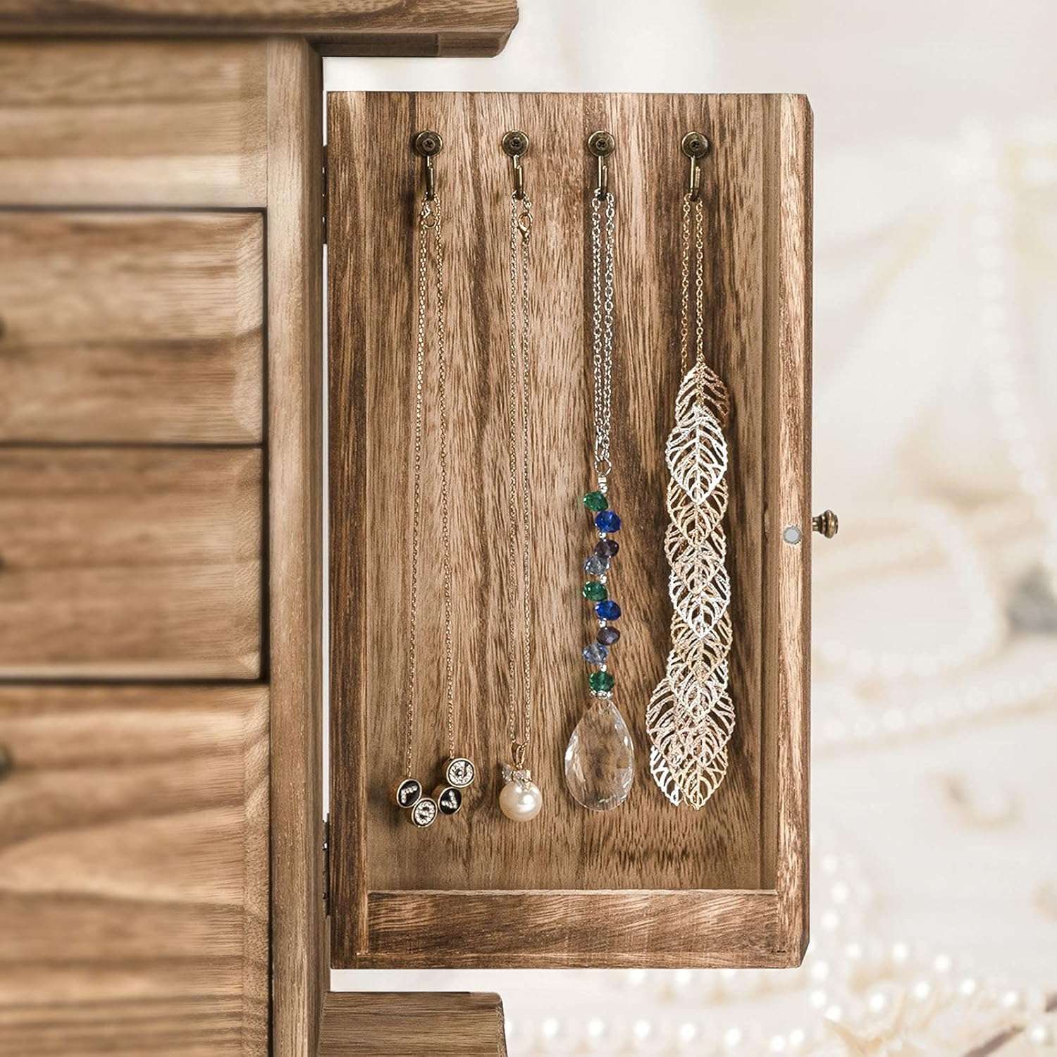 Emfogo Jewelry Box for Women, Rustic Wooden Jewelry Boxes & Organizers with Mirror, 4 Layer Jewelry Organizer Box Display for Rings Earrings Necklaces Bracelets - 4