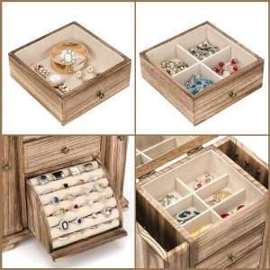 Emfogo Jewelry Box for Women, Rustic Wooden Jewelry Boxes & Organizers with Mirror, 4 Layer Jewelry Organizer Box Display for Rings Earrings Necklaces Bracelets - 5