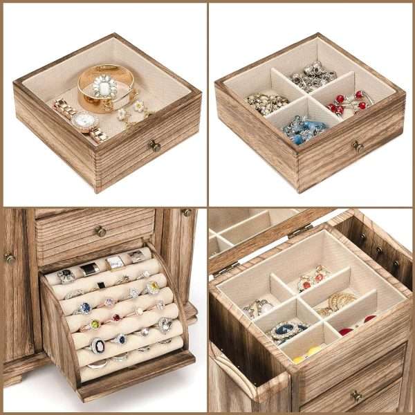 Emfogo Jewelry Box for Women, Rustic Wooden Jewelry Boxes & Organizers with Mirror, 4 Layer Jewelry Organizer Box Display for Rings Earrings Necklaces Bracelets - 5