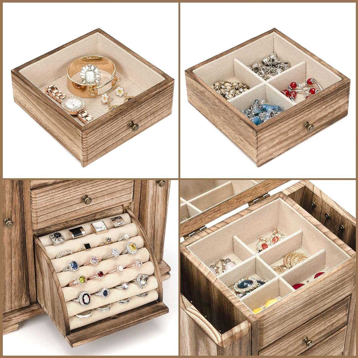 Emfogo Jewelry Box for Women, Rustic Wooden Jewelry Boxes & Organizers with Mirror, 4 Layer Jewelry Organizer Box Display for Rings Earrings Necklaces Bracelets - 5