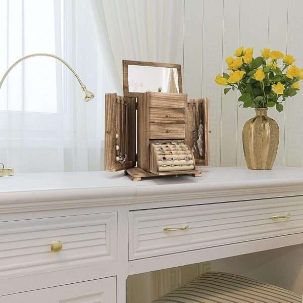 Emfogo Jewelry Box for Women, Rustic Wooden Jewelry Boxes & Organizers with Mirror, 4 Layer Jewelry Organizer Box Display for Rings Earrings Necklaces Bracelets - 6