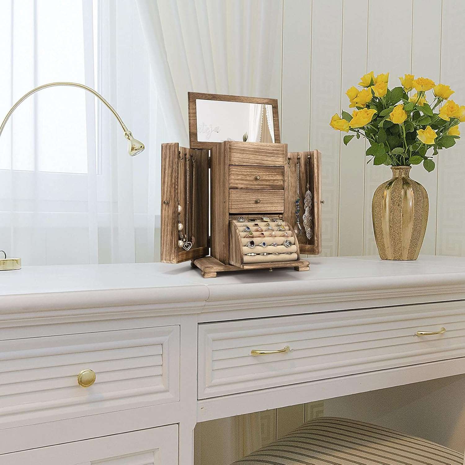 Emfogo Jewelry Box for Women, Rustic Wooden Jewelry Boxes & Organizers with Mirror, 4 Layer Jewelry Organizer Box Display for Rings Earrings Necklaces Bracelets - 6