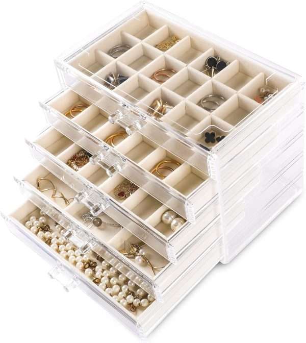 Frebeauty Acrylic Jewelry Organizer Earring Organizer Box with 5 Drawers Earring Holder Organizer with Velvet Trays Clear Jewelry Box for Women Earring Display for Rings Studs - 1